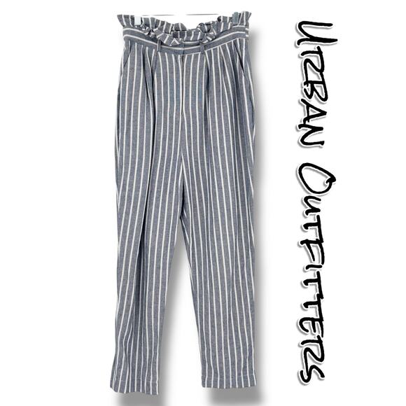 Urban Outfitters Striped Linen Blend Pants Paperbag Waist Blue Womens Size 6 - Picture 1 of 10